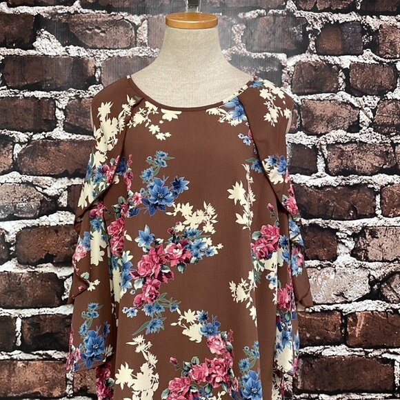 ODDY Dress Cold Shoulder Midi Shift Brown Floral Size 3X - Picture 6 of 15